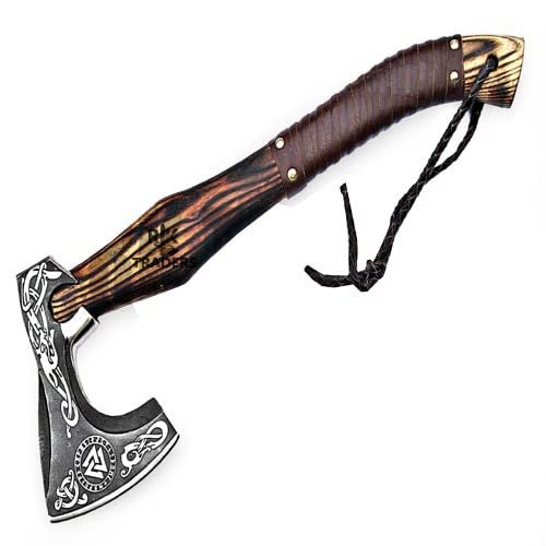 RK1013 Custom Handmade Forged Viking Axe Etched on The Carbon Steel Head Forged Wood Handal with Leather Sheath, 19x5.5x1.50