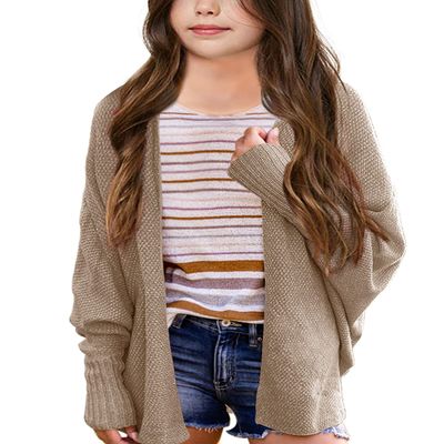 Imily Bela Girls Cardigans Kids Casual Batwing Sleeve Open Front Knitted Sweater Khaki