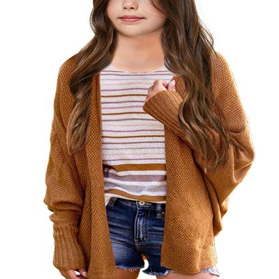 Imily Bela Girls Cardigans Kids Casual Batwing Sleeve Open Front Knitted Sweater Brown