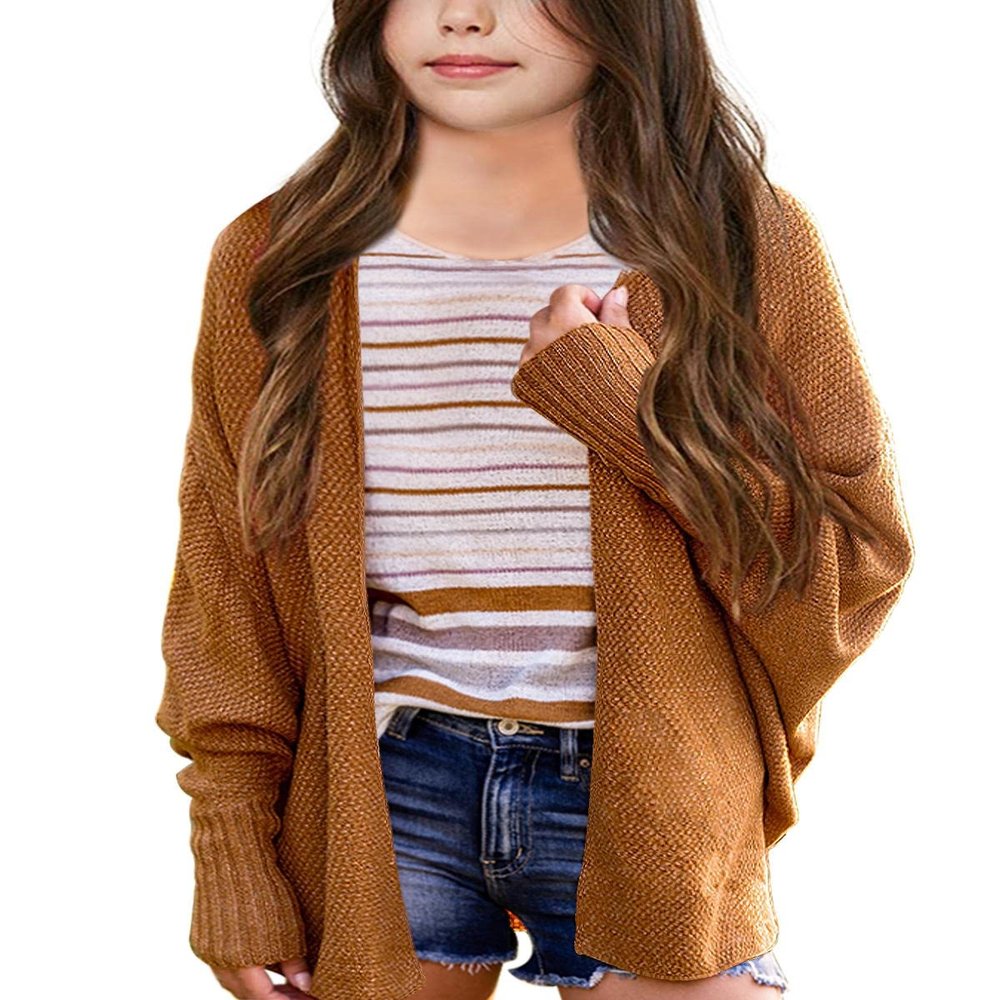 Imily Bela Girls Cardigans Kids Casual Batwing Sleeve Open Front Knitted Sweater Brown