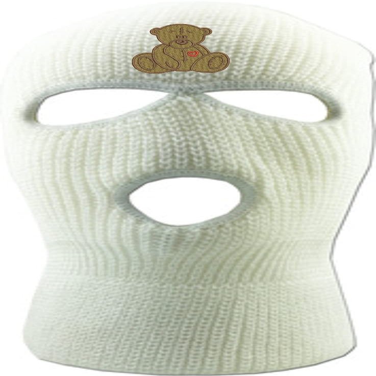 Bear 3 Hole Mask Cute Ski Mask Embroidered Full Face Cover Knitted Beanie Warm Graphic Balaclava Hat (White)