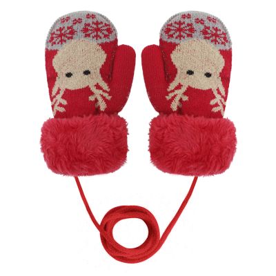 Toddler Kids Mittens Christmas Elk Winter Gloves Full Finger Knitted Mittens with String for Baby Boys Girls Valentines Gift