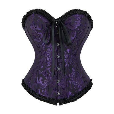 frawirshau Women's Lace Up Boned Overbust Corset Bustier Bodyshaper Top Black Purple Medium