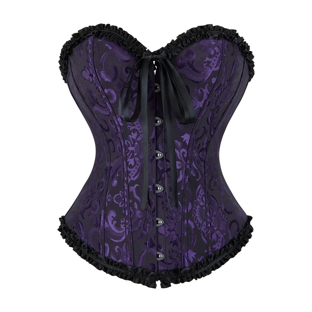 frawirshau Women's Lace Up Boned Overbust Corset Bustier Bodyshaper Top Black Purple Medium