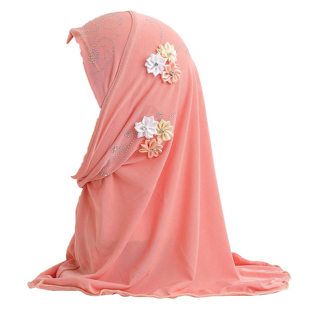 ALEDLE-LIFE Kids Girls Ice Silk Muslim Khimar Hijab Headscarf Elastic Beanie with Crystal Flower Arab Scarf Shawls Neck Wrap Islamic Head Wrap Turban Cap Fashion Rhinestone
