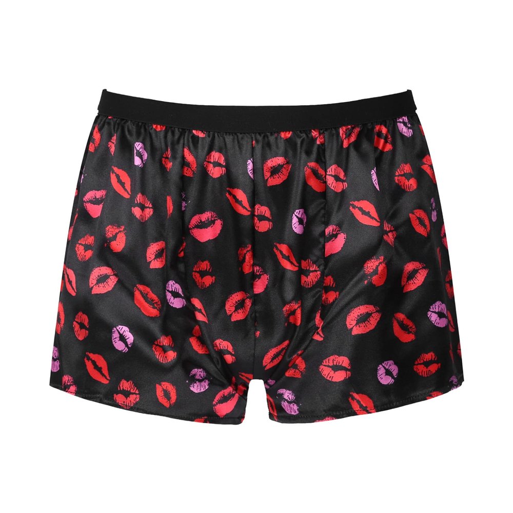 ACSUSS Men's Silk Shorts Frilly Satin Trunk Boxer Briefs Loose Crossdress Underwear Lip Black Large