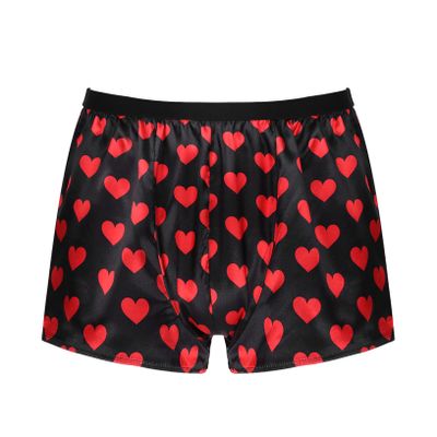 ACSUSS Men's Silk Shorts Frilly Satin Trunk Boxer Briefs Loose Crossdress Underwear Heart Black X-Large