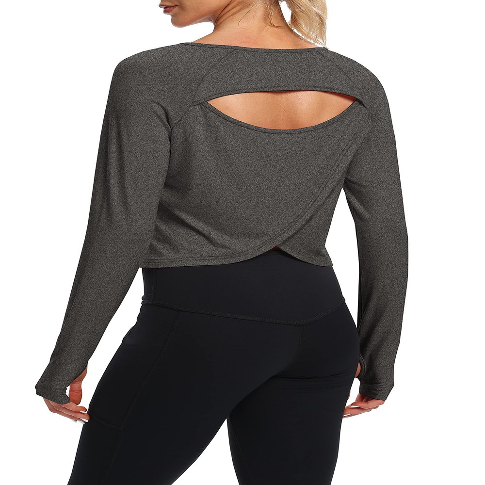Bestisun Long Sleeve Open Back Workout Shirts Yoga Athletic Tops Gym Dance Fall Clothes for Women Deep Heather Gray M