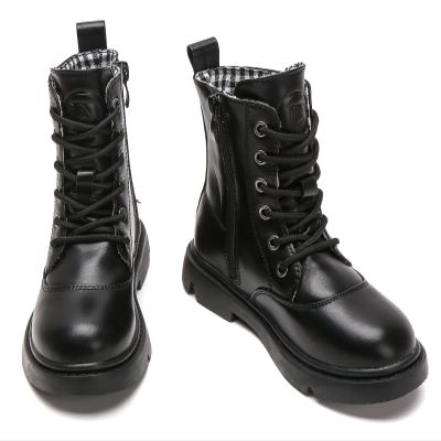 DADAWEN Boys Girls Waterproof Lace Up Mid Calf Combat Boots With Side Zipper for Toddler/Little Kid/Big Kid Black US Size 4 M Big Kid