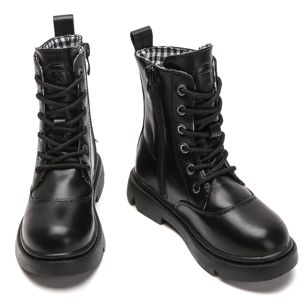 DADAWEN Boys Girls Waterproof Lace Up Mid Calf Combat Boots With Side Zipper for Toddler/Little Kid/Big Kid Black US Size 4 M Big Kid