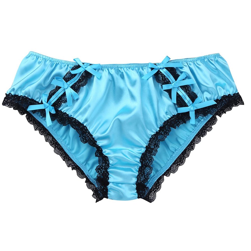 Yihuimin Men's Sissy Lingerie Ruffled Satin Floral Lace Bikini Briefs French Maid Panties Underwear Blue XX-Large
