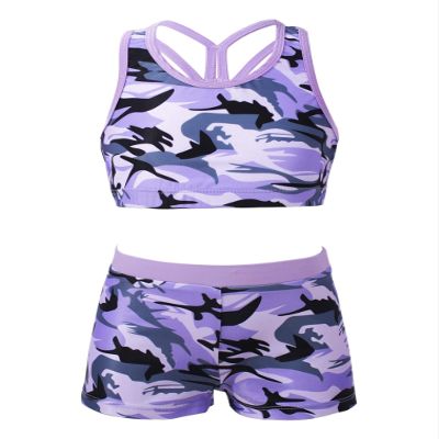 Manyakai Kids Girls 2 Piece Swimsuit Bathing Suit Tankini Set Sports Crop Top with Booty Shorts Set Camouflage Purple 16 Years