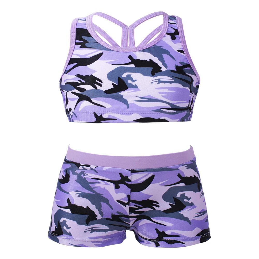 Manyakai Kids Girls 2 Piece Swimsuit Bathing Suit Tankini Set Sports Crop Top with Booty Shorts Set Camouflage Purple 16 Years