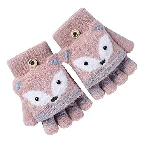 BXT Kids Winter Knitted Convertible Fingerless Gloves Cute Warm Flip Top Mittens with Mitten Cover for 5-12 Ages Boys Girls