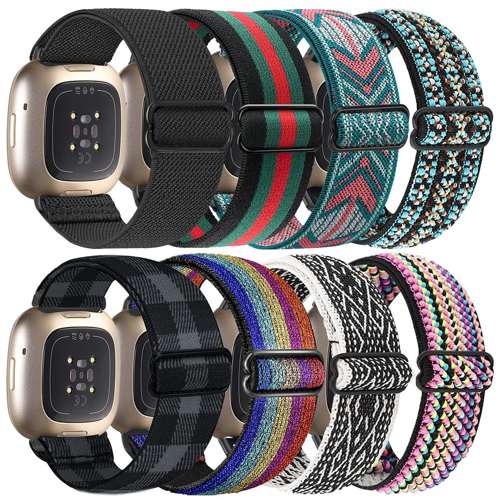 8 Pack Elastic Bands Compatible with Fitbit Versa 3 & Fitbit Versa 4 & Fitbit Sense & Fitbit Sense 2, Adjustable Nylon Sport Strethy Wristband for Fitbit Versa 3 / Versa 4 Smartwatch Women Men