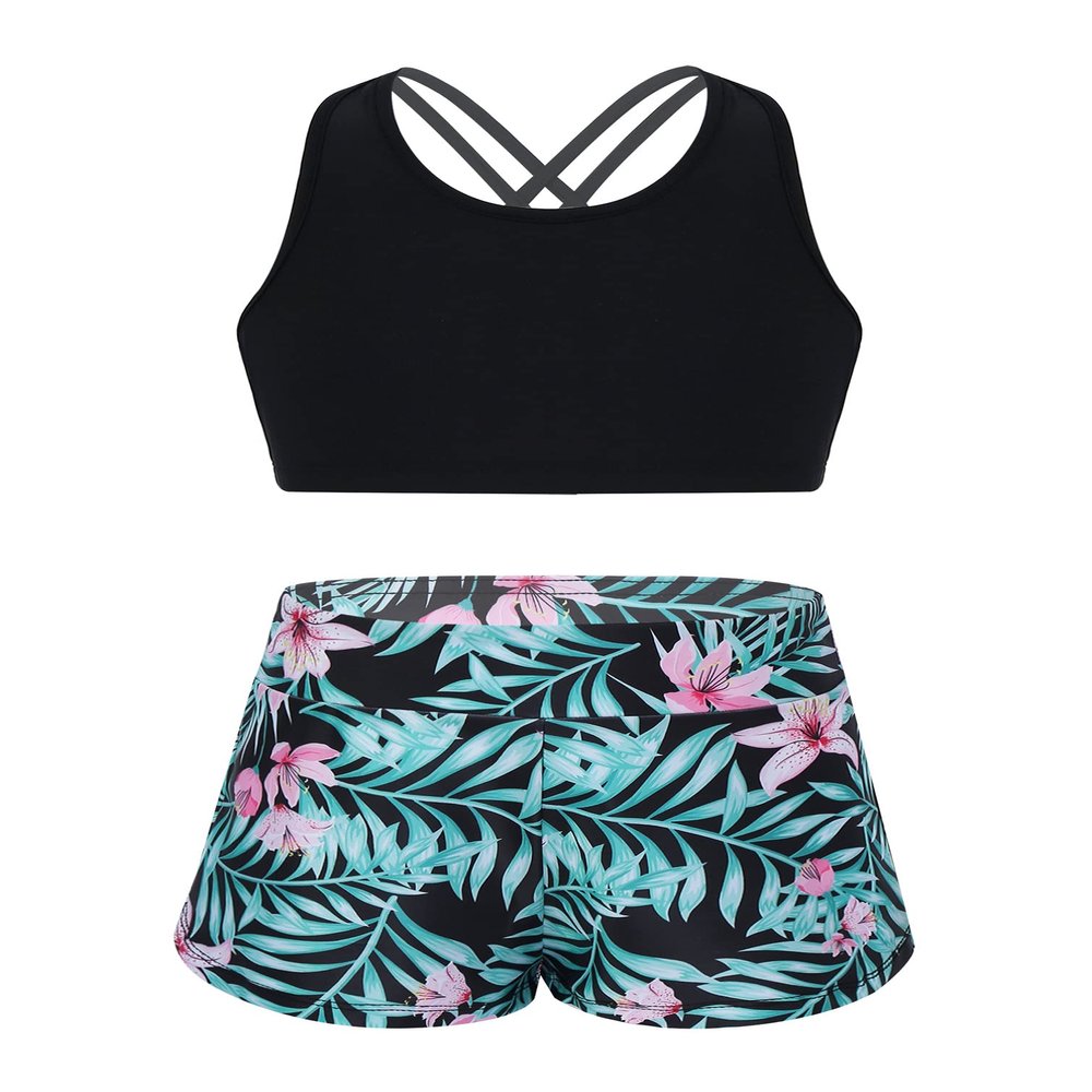 Manyakai Kids Girls Two Piece Swimsuit Hawaiian Tankini Set Sports Swimwear Beach Bathing Suit Black&Green 8 Years