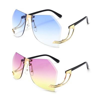 2 Pack-Irregular Rimless Sunglasses Women Men Alloy Frame Oversize Gradient Sun Glasses Fashion Female Clear Shades (blue&purple yellow)