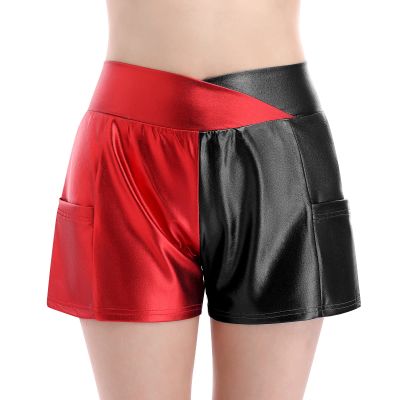 ABAFIP Women's Shiny Dance Shorts Cross Front High Waist Rave Festival Hot Short Pants with Pockets Red-Black X-Large