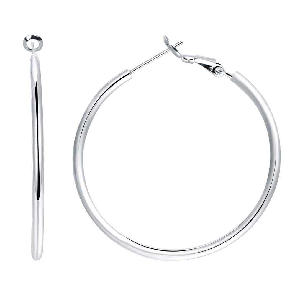 14K White Gold Plated Silver Hoop Earrings, 1 Pair Sterling Silver Big Hoop Earrings for Women 70MM