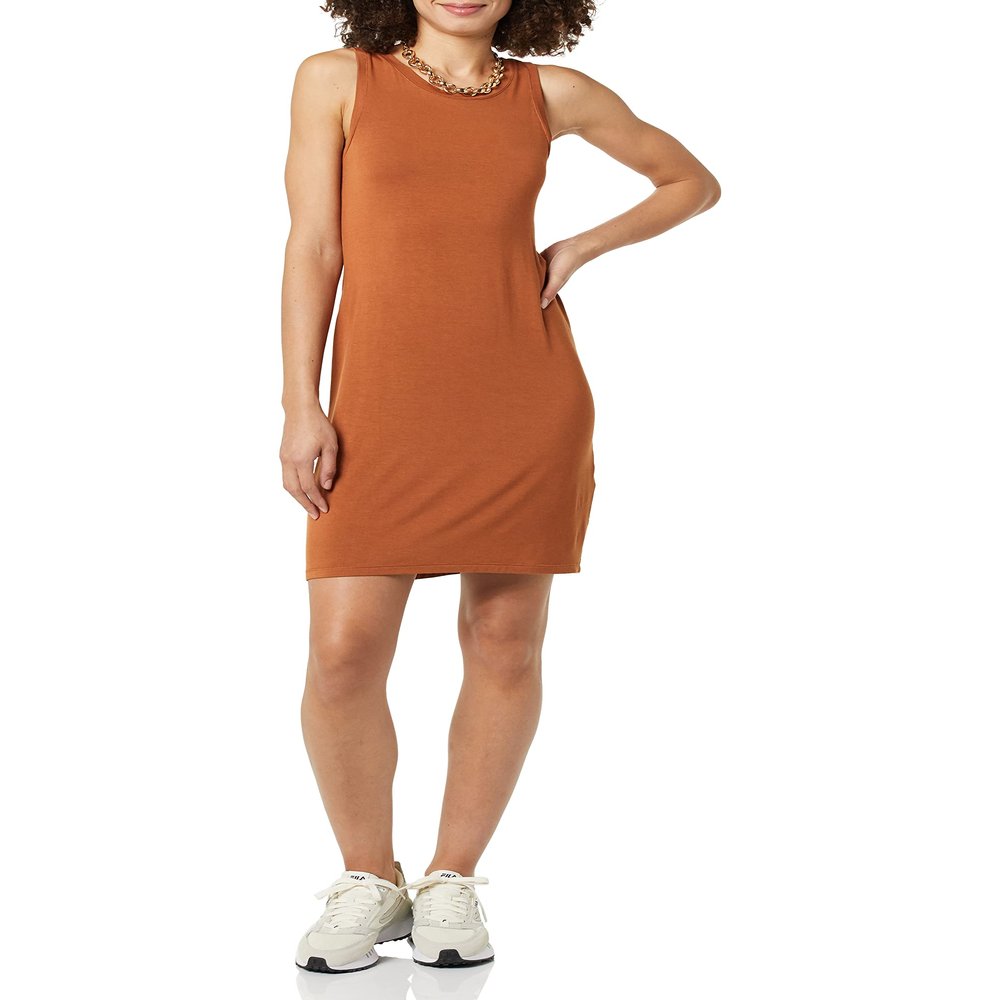Amazon Essentials Women's Lightweight Jersey Slim-Fit Tank Mini Dress, Toffee Brown, Small