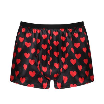 Lejafay Men's Shiny Loose Satin Boxer Shorts Sissy Panties Gay Underwear Short Pants Heart Black Medium