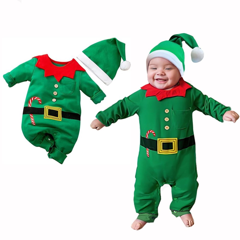 AGQT Baby Boys Santa Claus Costume Holiday Elf Romper Santa's Helper Costume Onesie with Hat Xmas Clothes 1st Christmas Outfit Set Green Size 3-6 Months