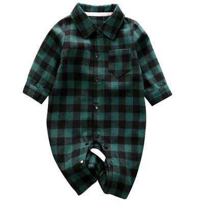 AGQT Toddler Boys Christmas Outfit Green Plaid Suit Long Sleeve T-Shirt Jumpsuit Gentleman Formal Xmas One Piece Romper Suit (Green and Black Grid, 18-24 Months)