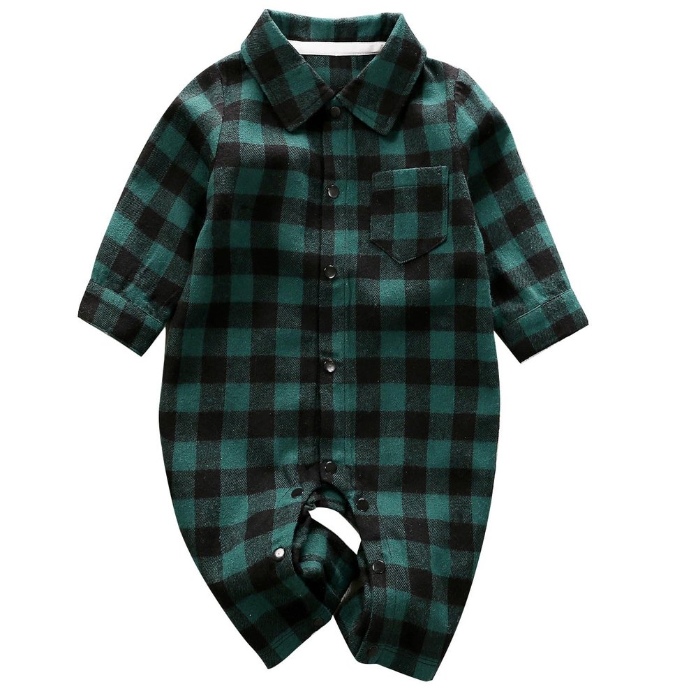 AGQT Toddler Boys Christmas Outfit Green Plaid Suit Long Sleeve T-Shirt Jumpsuit Gentleman Formal Xmas One Piece Romper Suit (Green and Black Grid, 18-24 Months)