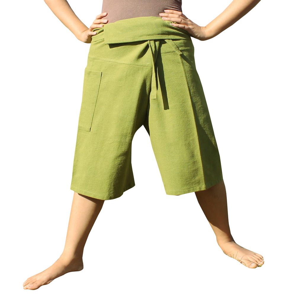 RaanPahMuang Thai Fisherman Shorts Men/Women, Loose Yoga, Pirate, Harem Pants, 100% Cotton, Unisex Kimono Pants, X-Small-Small, Acid Green