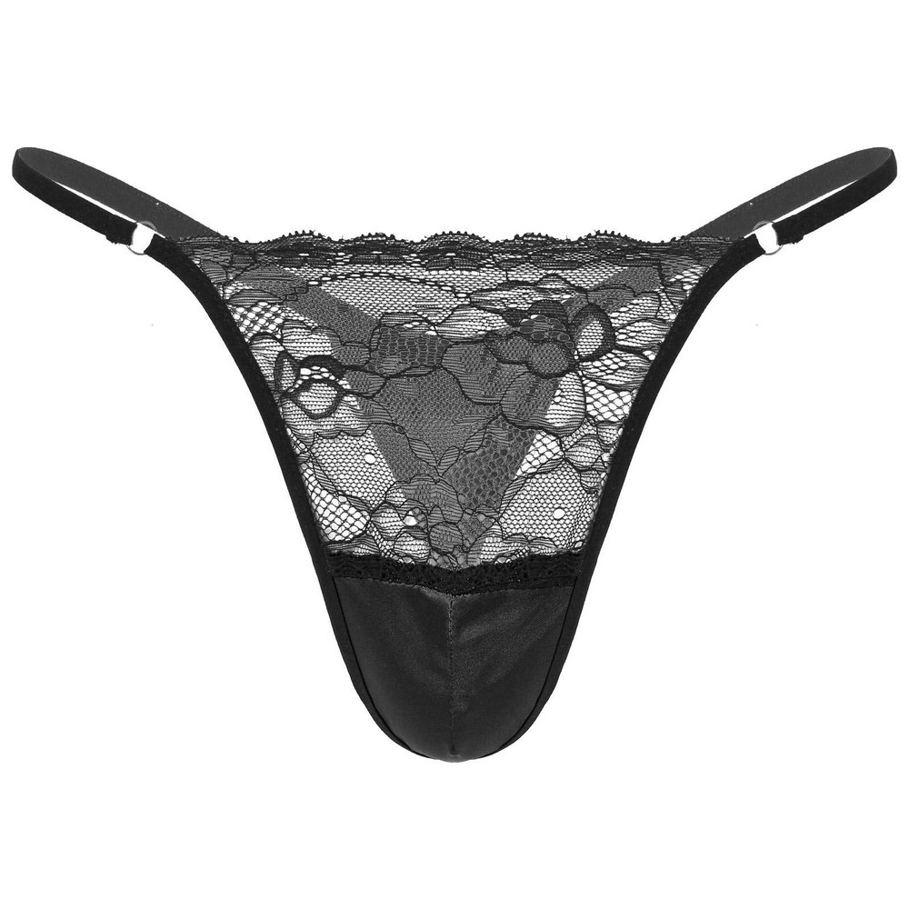 easyforever Mens Sissy See-through Lace Satin Patchwork Thong Underwear Lingerie Low Rise G-string Briefs Black XX-Large