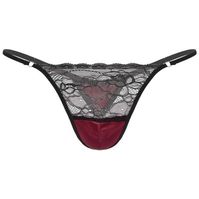 easyforever Mens Sissy See-through Lace Satin Patchwork Thong Underwear Lingerie Low Rise G-string Briefs Burgundy XX-Large