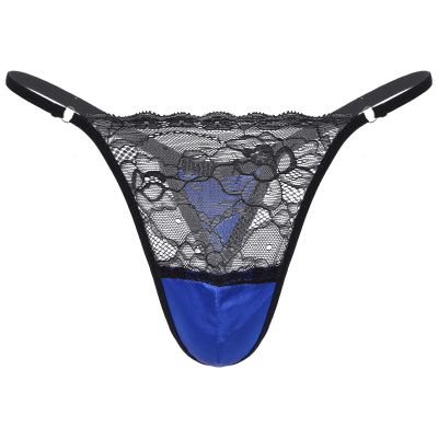 easyforever Mens Sissy See-through Lace Satin Patchwork Thong Underwear Lingerie Low Rise G-string Briefs Royal_Blue XX-Large
