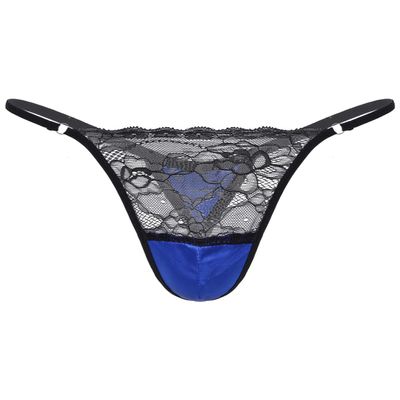 ACSUSS Men Shiny Satin Lace Patchwork Sissy Panties G-String Thong Briefs Jockstrap Underwear Royal_Blue XX-Large
