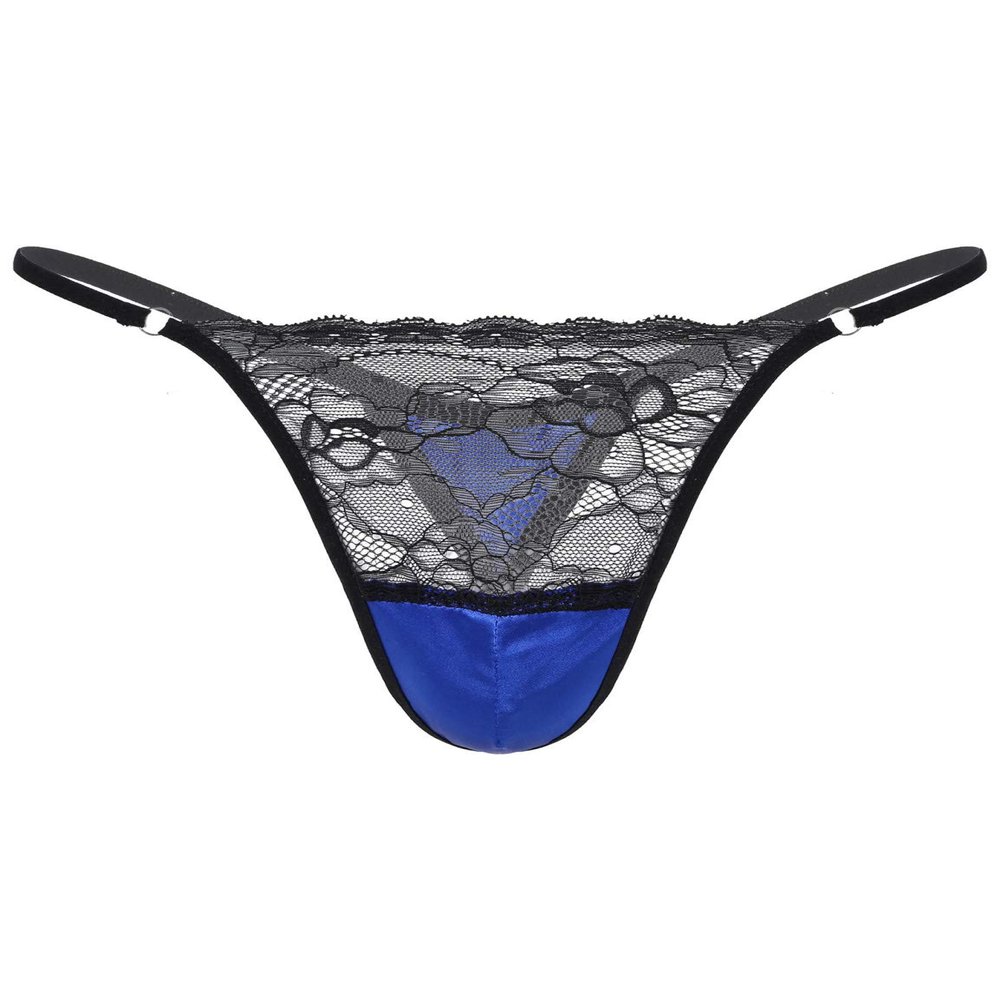 ACSUSS Men Shiny Satin Lace Patchwork Sissy Panties G-String Thong Briefs Jockstrap Underwear Royal_Blue XX-Large