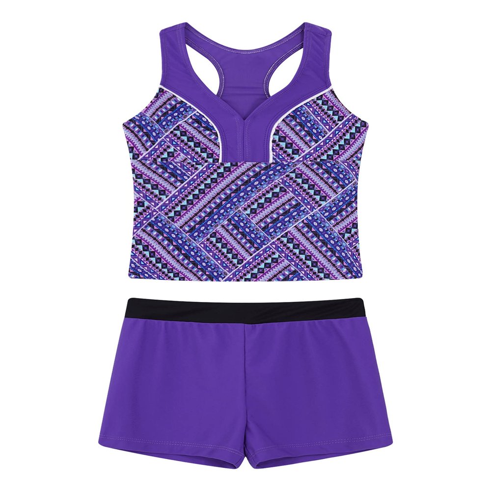 Freebily Little Girls Two Pieces Summer Boyshort Tankini Set Beachwear Swimsuit for Kids Purple 4