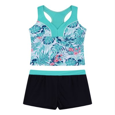 Hansber Big Girls Beach Swimwear 2 Pcs Tankini Sets Floral Print Tanks Top Bottoms Bathing Suit Mint-Green 6
