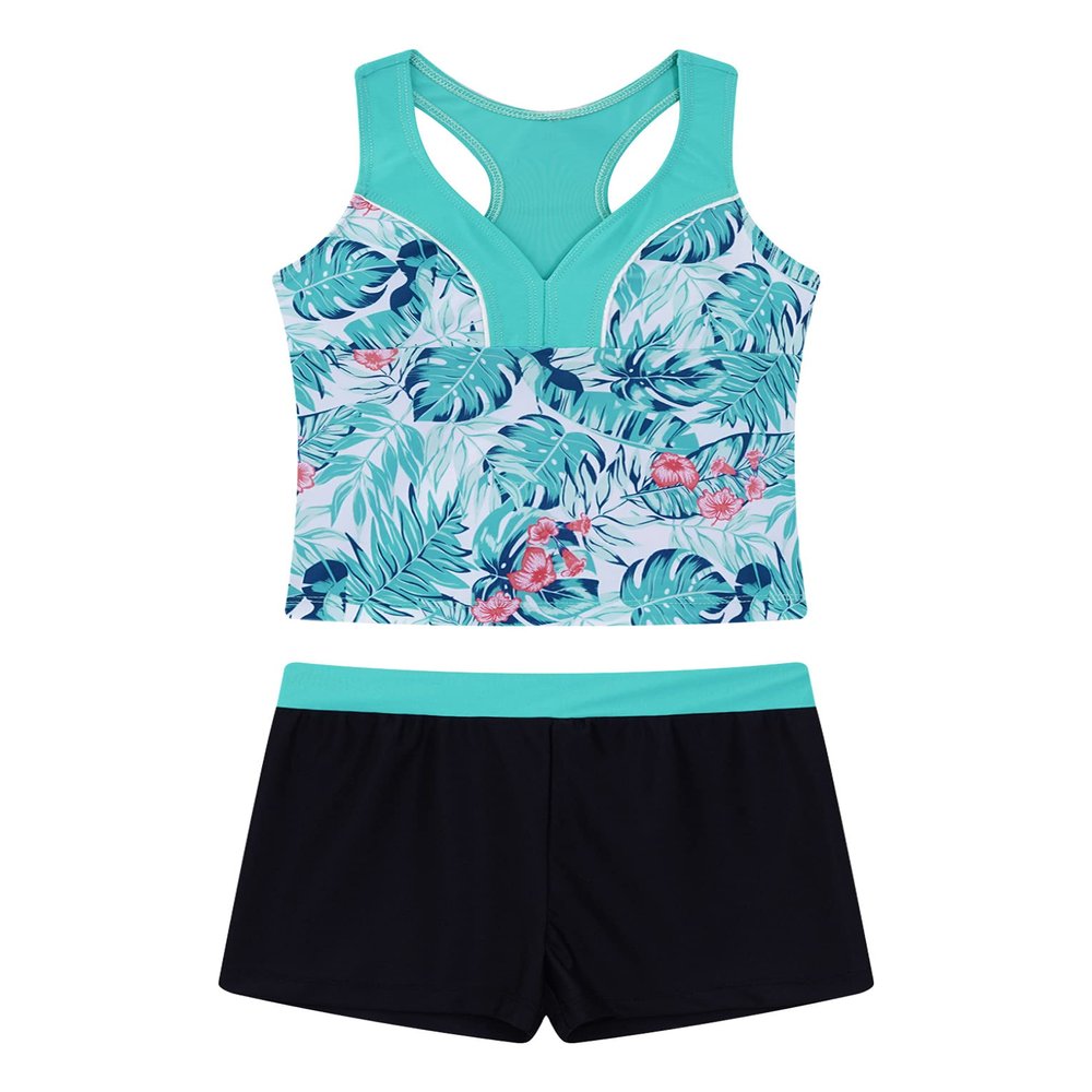 Hansber Big Girls Beach Swimwear 2 Pcs Tankini Sets Floral Print Tanks Top Bottoms Bathing Suit Mint-Green 6