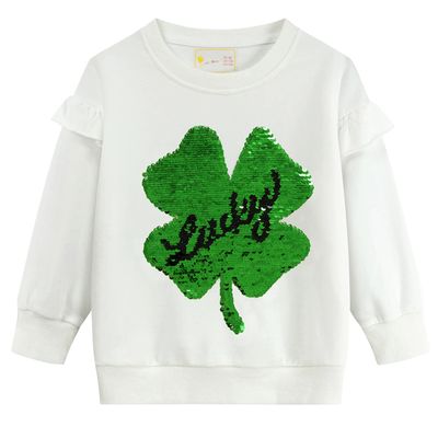 Little Hand Toddler Girls Sweatshirt Kids Green Lucky Reversible Sequins Clovers St. Patrick's Long Sleeve Shamrock Tee Shirts for 3T