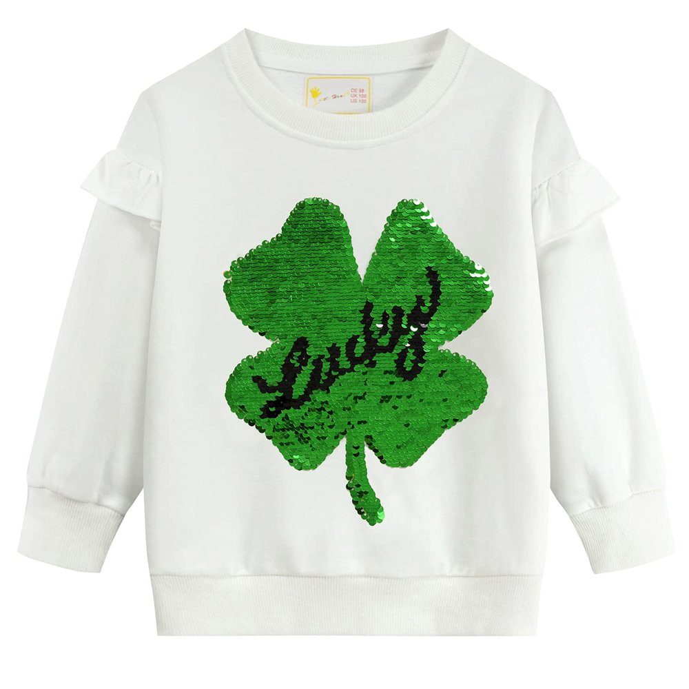 Little Hand Toddler Girls Sweatshirt Kids Green Lucky Reversible Sequins Clovers St. Patrick's Long Sleeve Shamrock Tee Shirts for 3T
