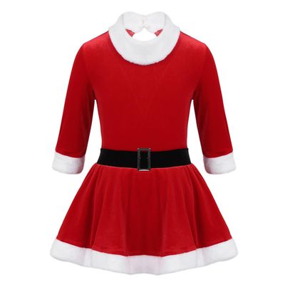 Moily Kids Girls Velvet Long Sleeve Figure Ice Skating Dress Tutu Skirt Dance Leotard Christmas Santa Dress Outfit Red A 5-6 Years