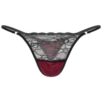 ACSUSS Men Shiny Satin Lace Patchwork Sissy Panties G-String Thong Briefs Jockstrap Underwear Burgundy XX-Large