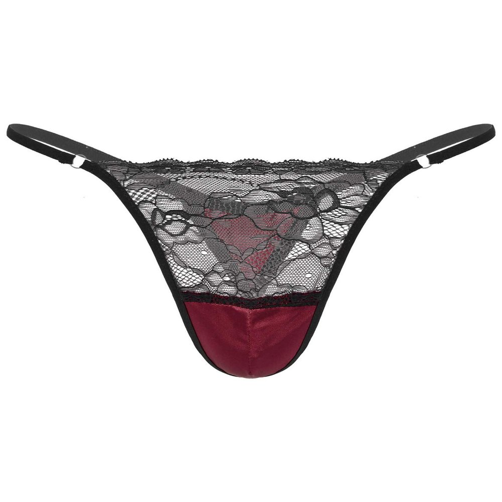 ACSUSS Men Shiny Satin Lace Patchwork Sissy Panties G-String Thong Briefs Jockstrap Underwear Burgundy XX-Large