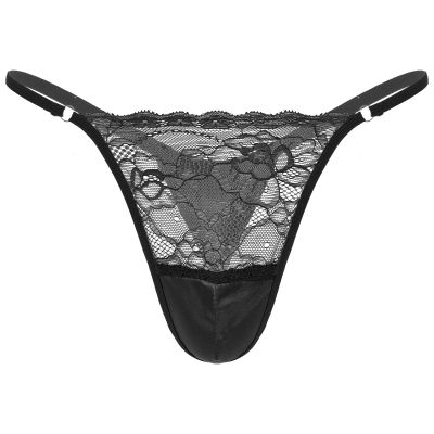 ACSUSS Men Shiny Satin Lace Patchwork Sissy Panties G-String Thong Briefs Jockstrap Underwear Black XX-Large