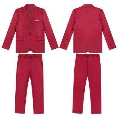 Hularka Men Suit Set Slim Fit Business Suit Outfits 2PCS Long Sleeve Jacket Blazer Trouser Set Wedding Office Burgundy Small