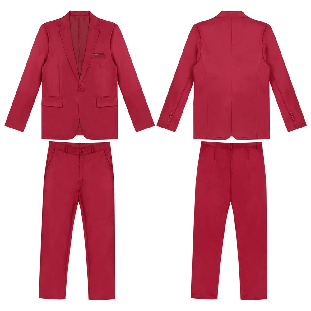 Hularka Men Suit Set Slim Fit Business Suit Outfits 2PCS Long Sleeve Jacket Blazer Trouser Set Wedding Office Burgundy Small