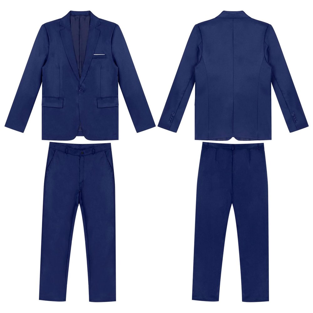Hularka Men Suit Set Slim Fit Business Suit Outfits 2PCS Long Sleeve Jacket Blazer Trouser Set Wedding Office Navy Blue Large
