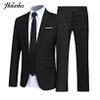 Hularka Men Suit Set Slim Fit Business Suit Outfits 2PCS Long Sleeve Jacket Blazer Trouser Set Wedding Office Black Small view 2