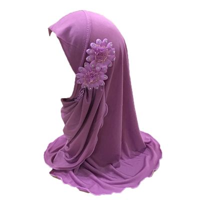 ALEDLE-LIFE Kids Girls Ice Silk Muslim Khimar Hijab Headscarf Flower Arab Scarf Shawls Neck Wrap Islamic Head Wrap (Style 1-Purple)
