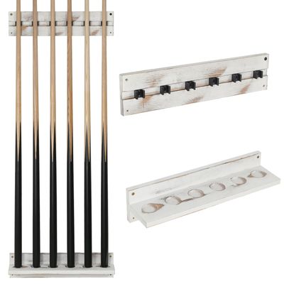 MyGift Vintage Whitewashed Wood Billiards Pool Stick Holder, Wall Mount Pool Cue Rack with Clips, Pool Table Organizer Accessories Set (Cue Rack Only), Holds up to 6 Cues