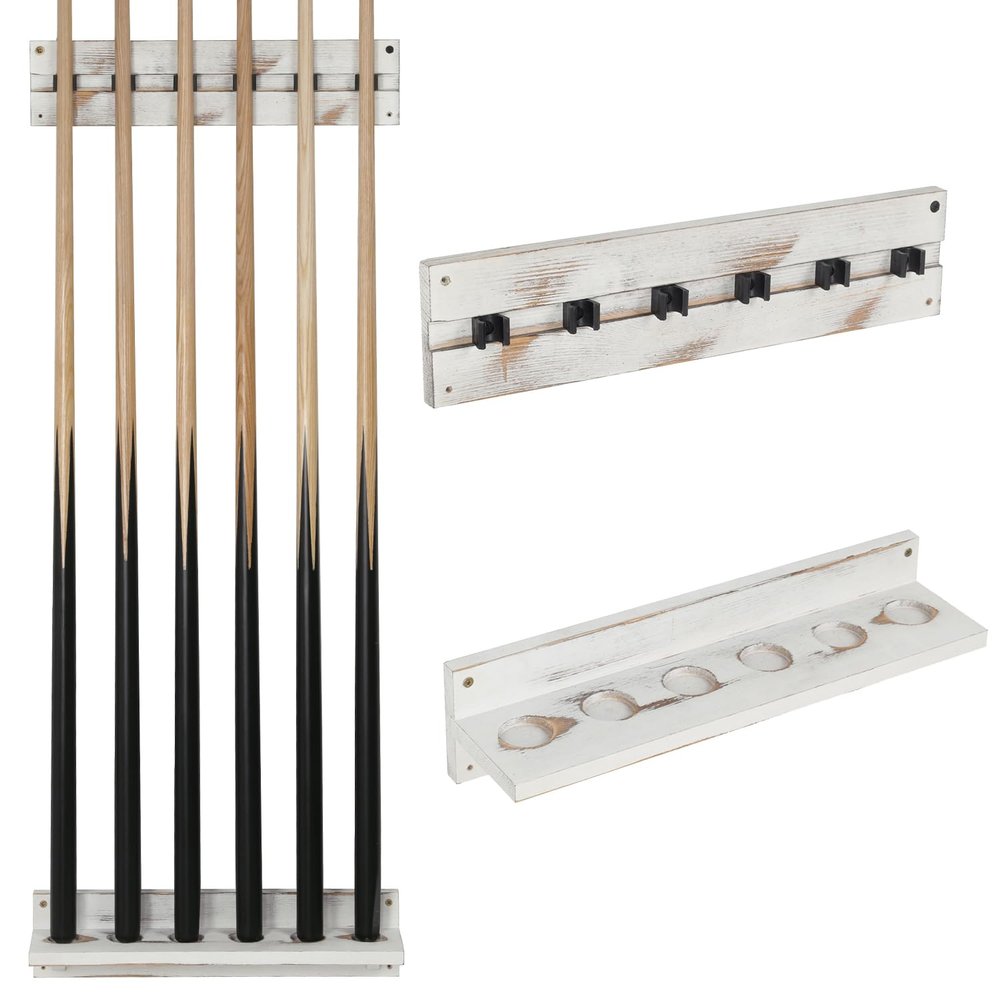 MyGift Vintage Whitewashed Wood Billiards Pool Stick Holder, Wall Mount Pool Cue Rack with Clips, Pool Table Organizer Accessories Set (Cue Rack Only), Holds up to 6 Cues